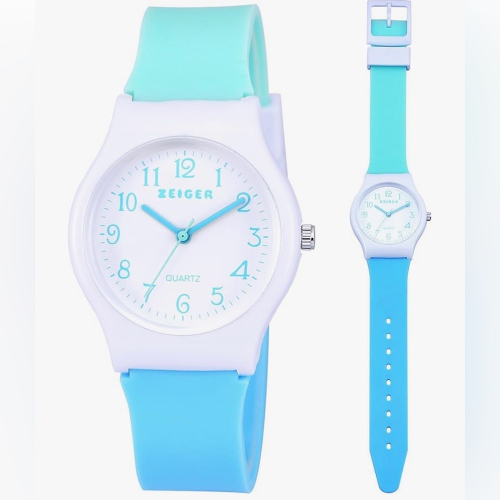 ZEIGER Kids Teenager Sports Wrist Watch Time Teacher Blue & White Silicone Band
